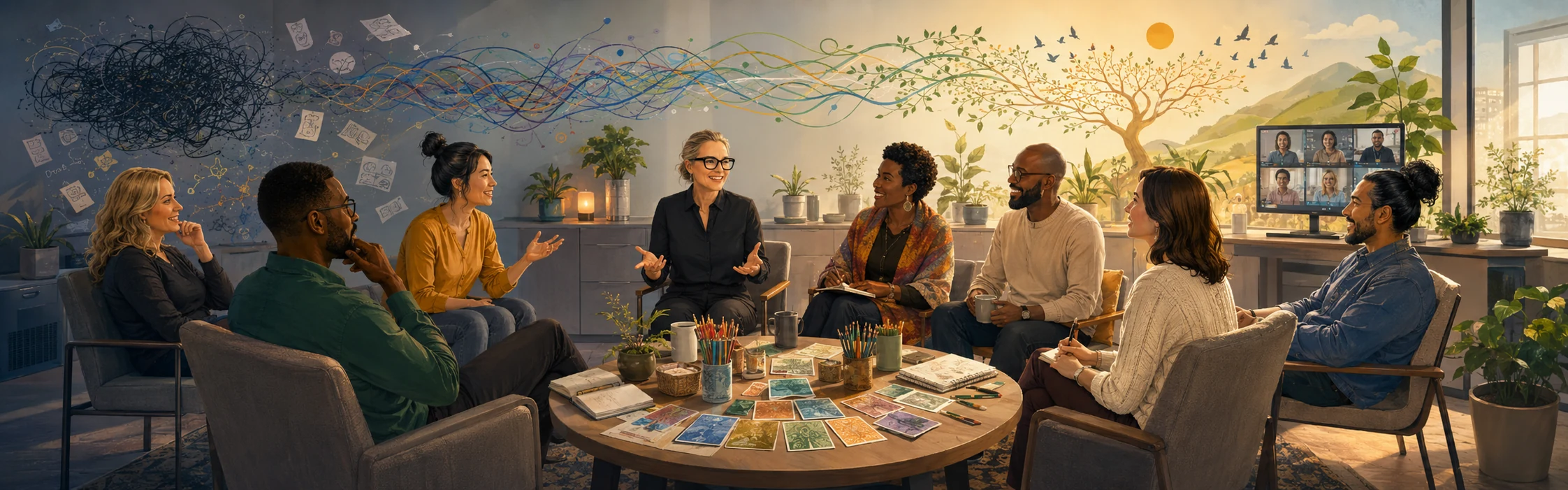 Dr. B leading a burnout workshop circle, tangled lines resolving into a flowing tree, with a remote team joining by video
